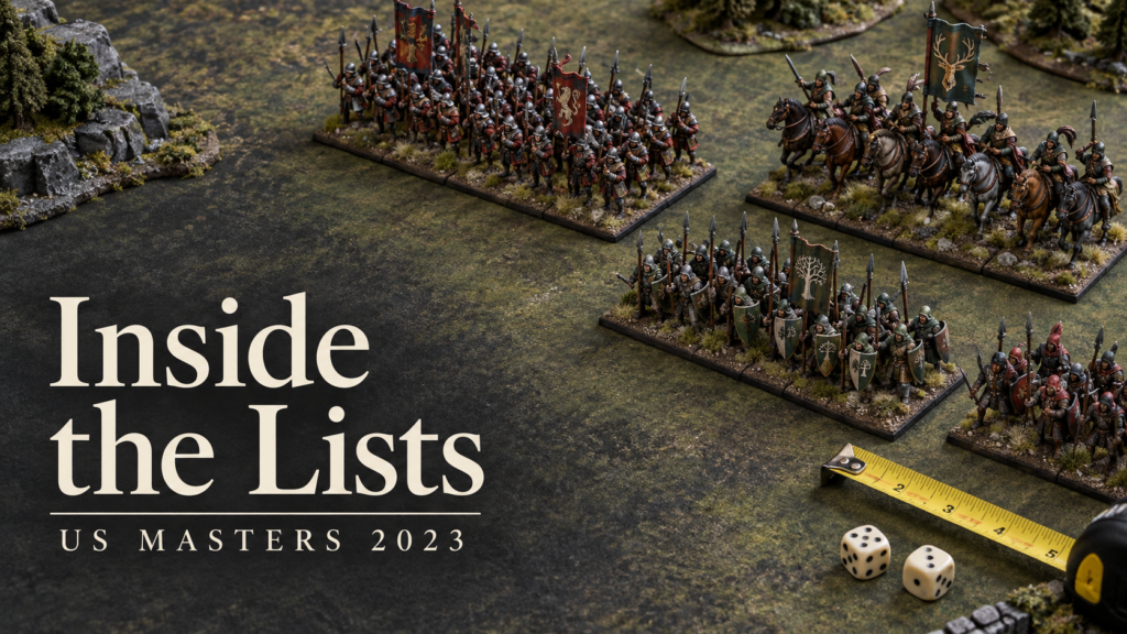 Inside the Lists — US Masters 2023. Illustration of ranked tabletop miniatures, dice, and a measuring tape.