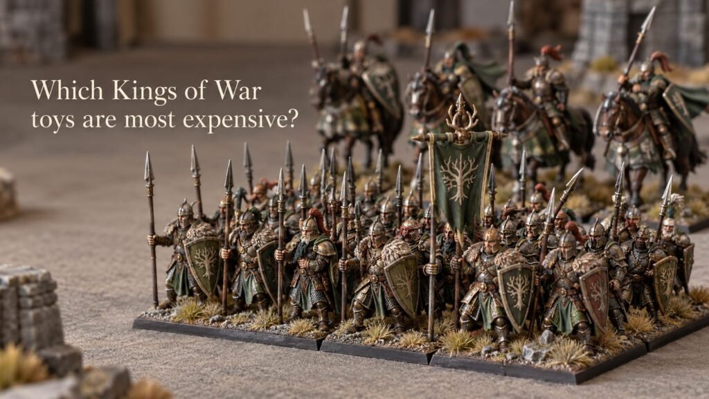 Illustrative scene of painted fantasy miniature regiments arranged on a tabletop.