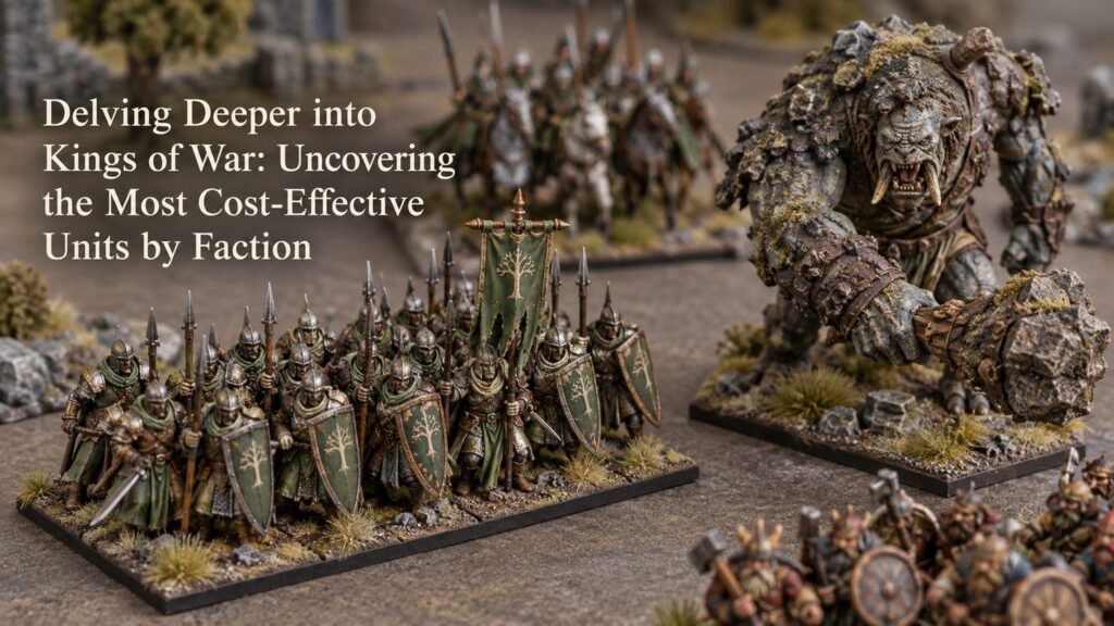 Illustrative scene of hand-painted fantasy miniature units of different sizes arranged on a tabletop.