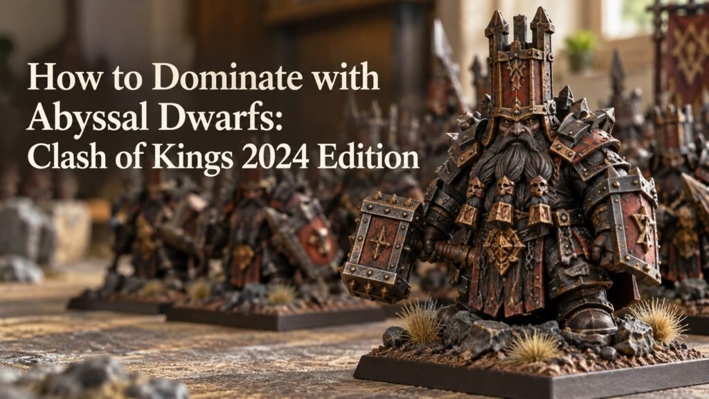 Illustrative close-up of a painted Abyssal Dwarf miniature on tabletop terrain.