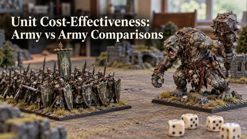 Illustrative comparison of painted fantasy miniature units and dice on a tabletop.