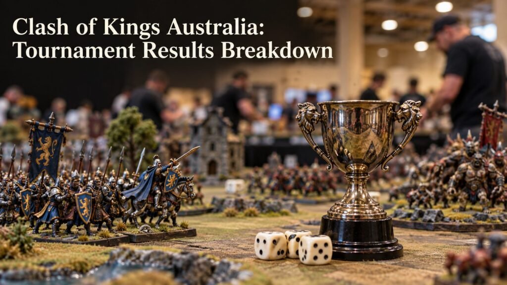 A tournament trophy and dice beside painted Kings of War miniatures.