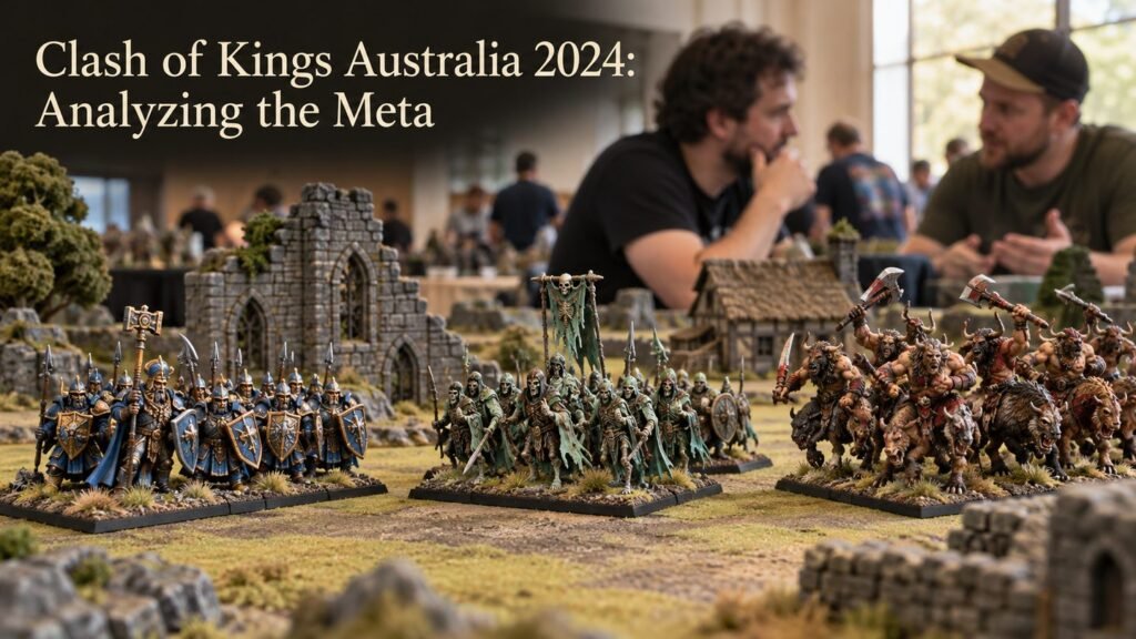 Players compare distinct painted armies at a Kings of War tournament.