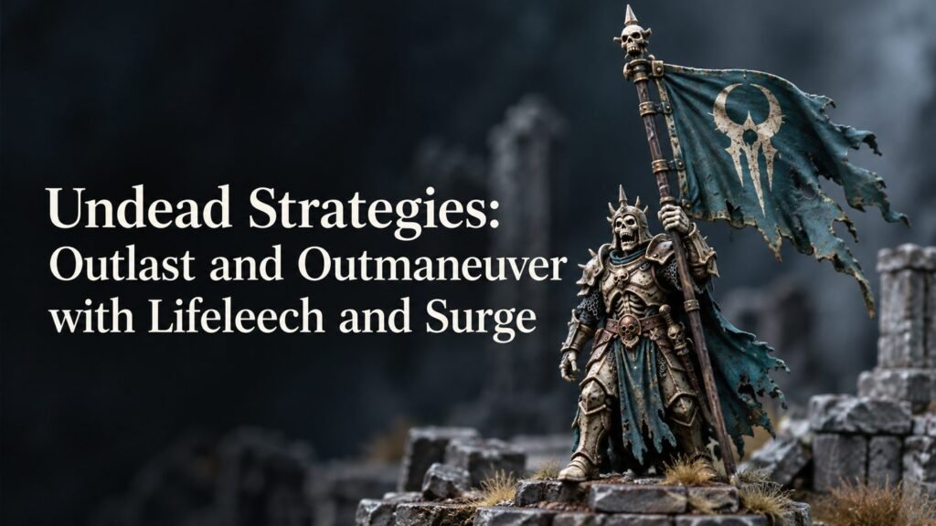 A painted undead standard-bearer miniature on ruined stone terrain.