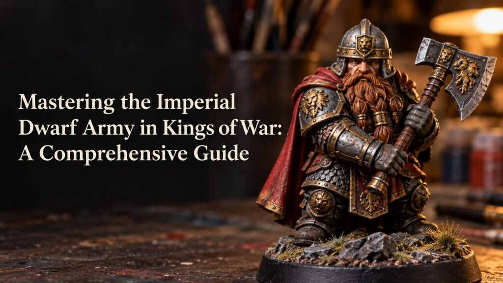 A painted Imperial Dwarf miniature with axe and red cloak.