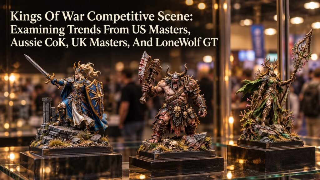 Three painted fantasy miniatures displayed on plinths at a convention.