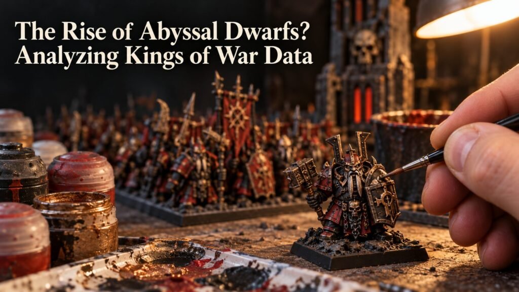A hobbyist paints an Abyssal Dwarf miniature at a desk.