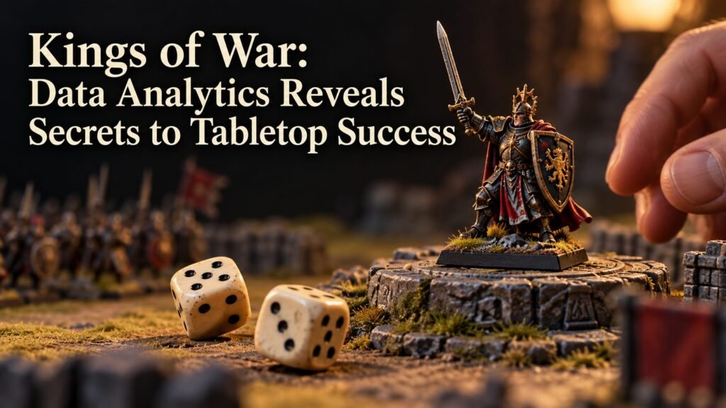 Dice and a painted champion miniature on a tabletop objective.