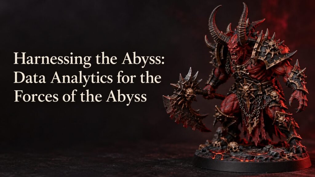 A painted Forces of the Abyss demon miniature on a dark display base.