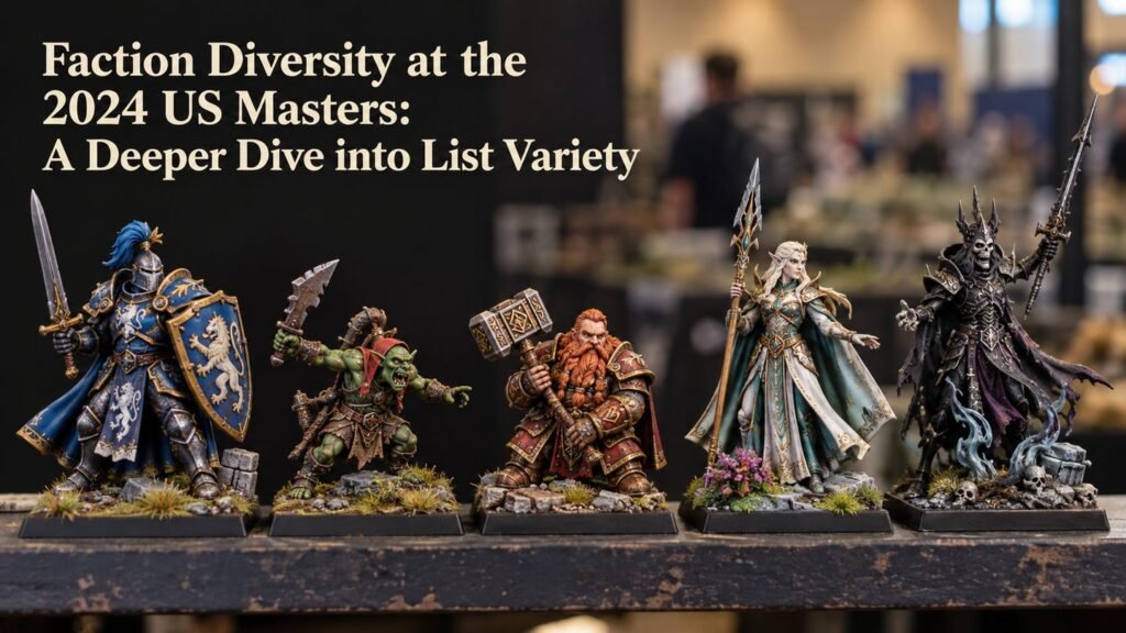 A colorful lineup of distinct painted fantasy miniatures.