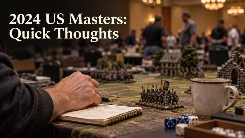 A player writes notes beside a miniature at a tournament table.