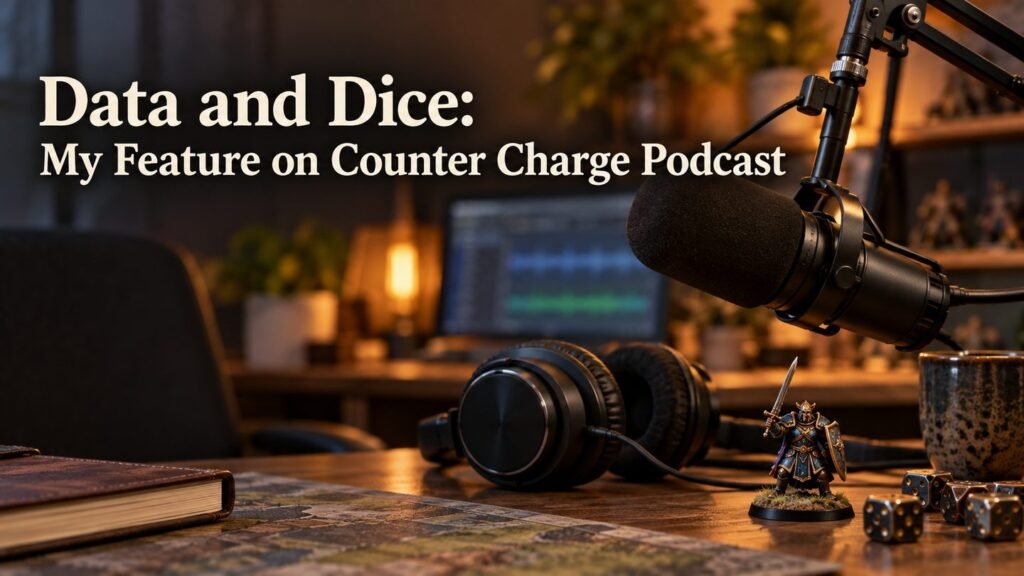 A podcast microphone, headphones, dice and a painted miniature on a desk.