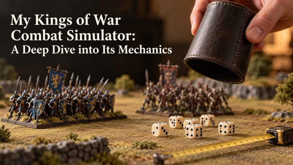 A dice cup lifted above a Kings of War tabletop with two painted regiments.
