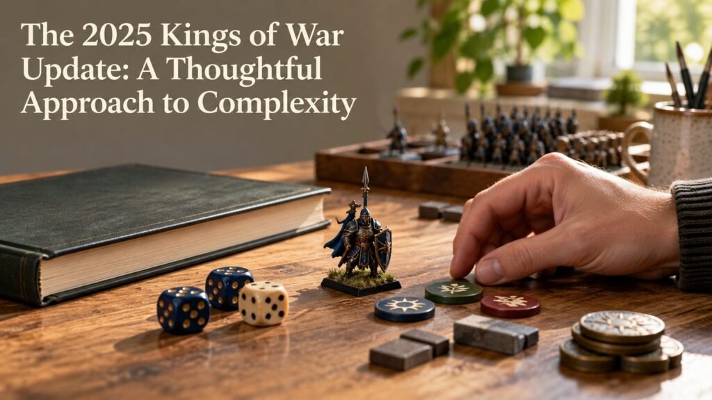 Game tokens, dice, a rulebook and miniature arranged on a desk.