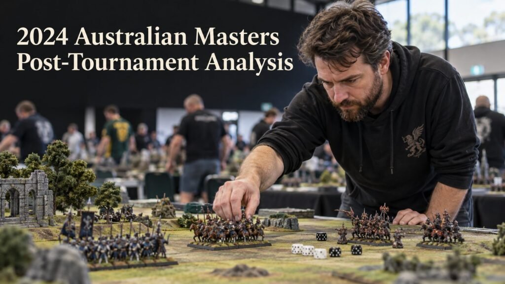 A player studies painted miniatures at an Australian tournament table.