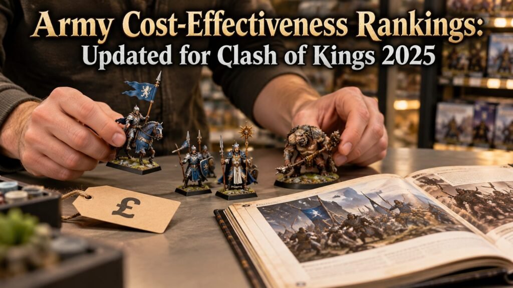 A hobbyist compares painted miniatures beside a price tag and open rulebook at a game shop.