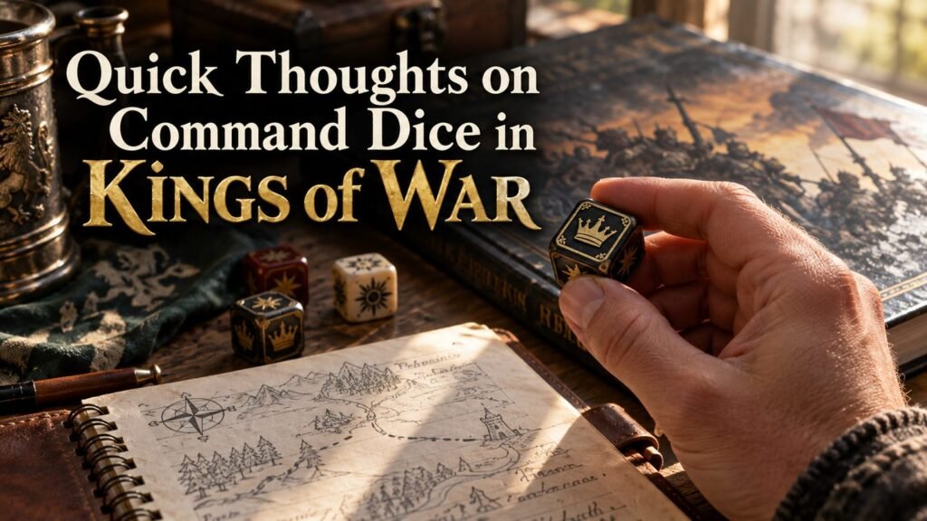 A player holds a command die above a rulebook, notebook, and a few other dice.
