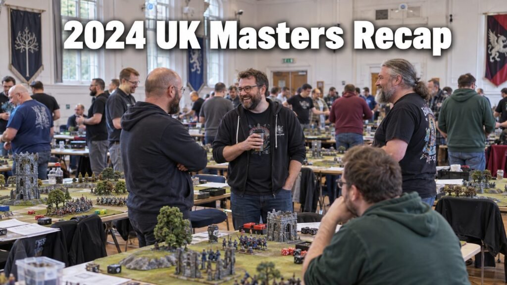 Players talk between rounds in a busy UK Masters gaming hall lined with tournament tables.
