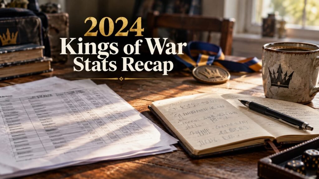 Tournament results sheet, notebook, and medal arranged on a desk after a season of Kings of War.