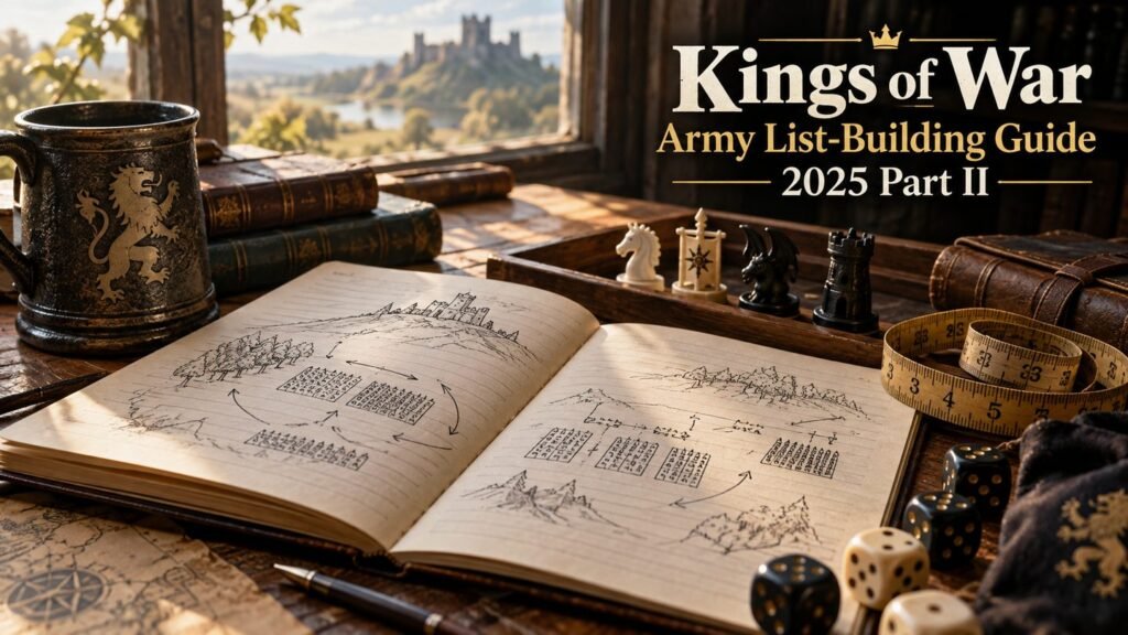 Strategy workbench with notebook, measuring tape, dice, and fantasy tokens for the Kings of War Army List-Building Guide 2025 Part II.