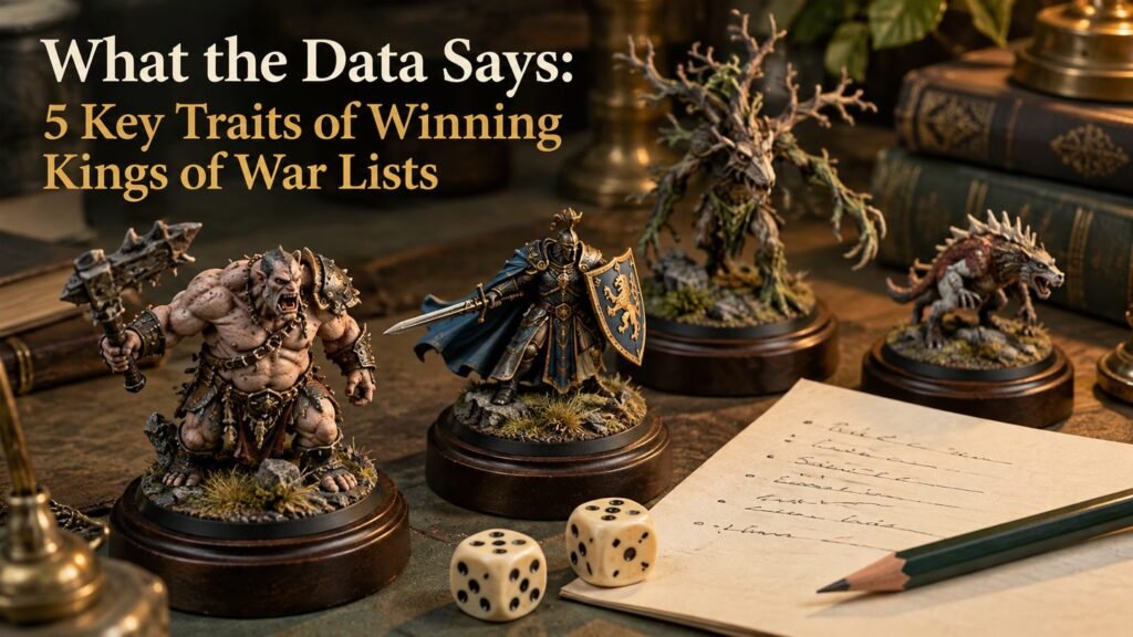 Three fantasy miniatures on individual display plinths beside dice and a list-building notebook.