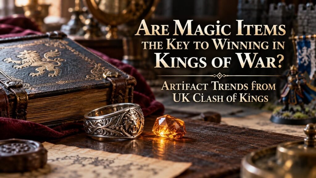 An engraved ring, amber gem, and spellbook arranged as fantasy artifacts on a wooden desk.