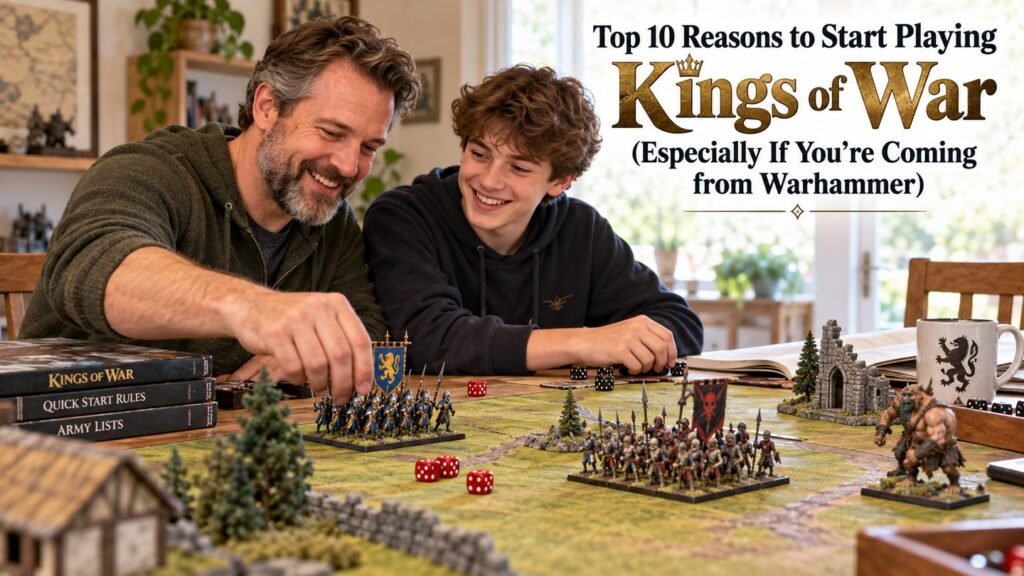 A parent and teenager learn Kings of War together over a small tabletop battlefield.