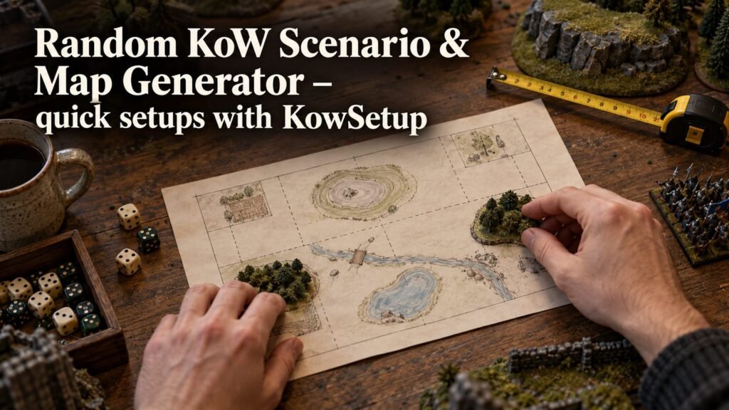 Players sketch a Kings of War scenario map and arrange terrain on a hobby desk.