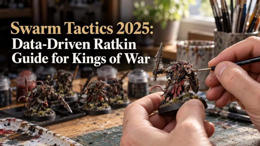 A hobbyist paints a Ratkin miniature at a well-used painting desk.