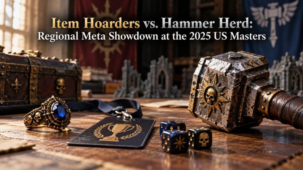 A jeweled ring and heavy hammer rest beside dice and a tournament badge.