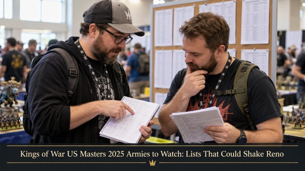 Two players compare army lists at a tournament while other games continue behind them.