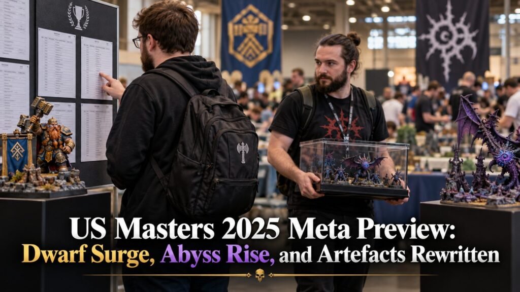 Players review event pairings with dwarf and abyssal miniatures displayed nearby.