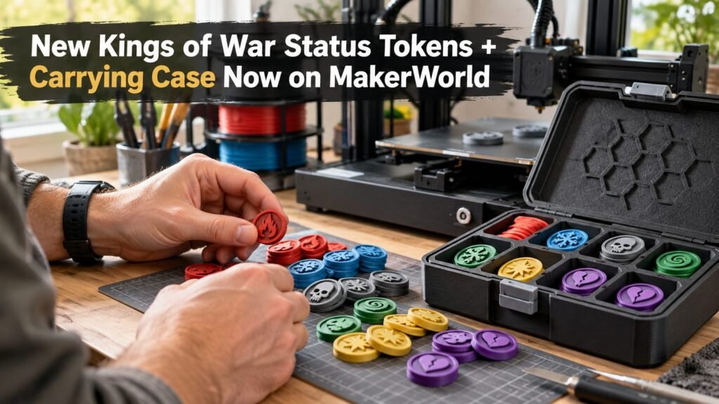 A hobbyist sorts colorful 3D-printed status tokens into a fitted carrying case beside a printer.
