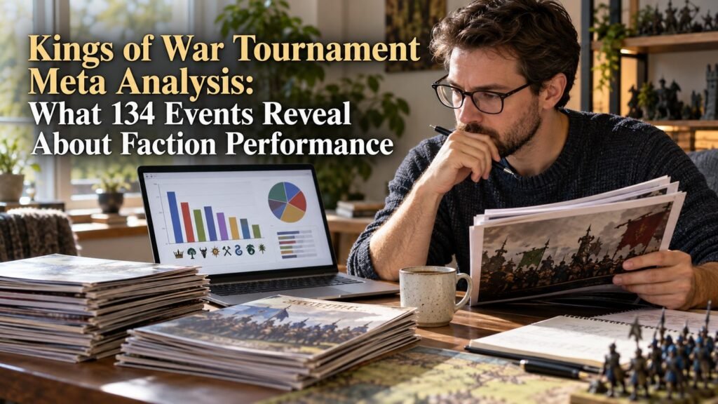 A researcher reviews tournament programs and faction performance charts at a home office.