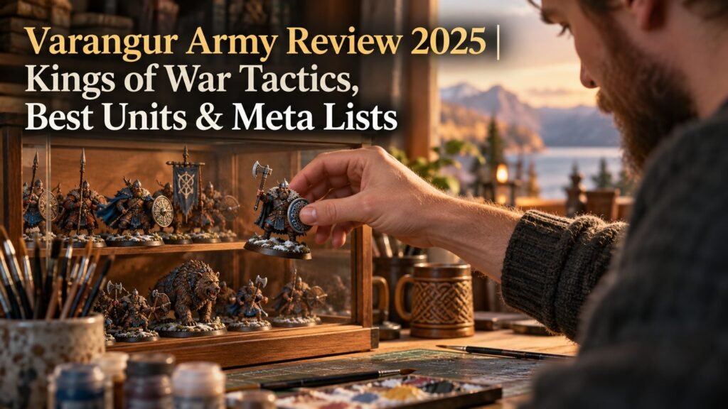 A hobbyist selects a painted Varangur miniature from a display case at a painting desk.