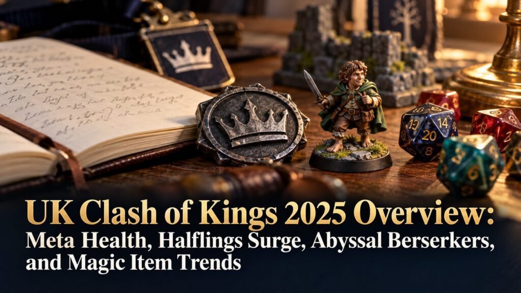 A painted halfling miniature, dice, tournament badge, and notebook form a tabletop gaming still life.