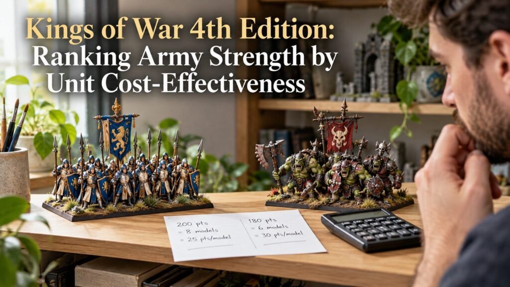 A hobbyist compares two painted miniatures beside a small calculator and value notes.