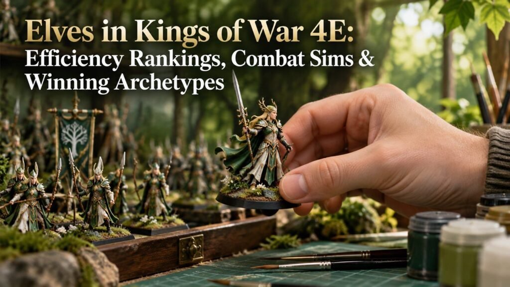 A hobbyist paints an elf miniature with forest-green models and brushes nearby.