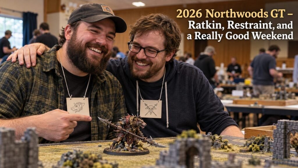 Two friends share a relaxed moment at the Northwoods GT beside a Ratkin miniature.