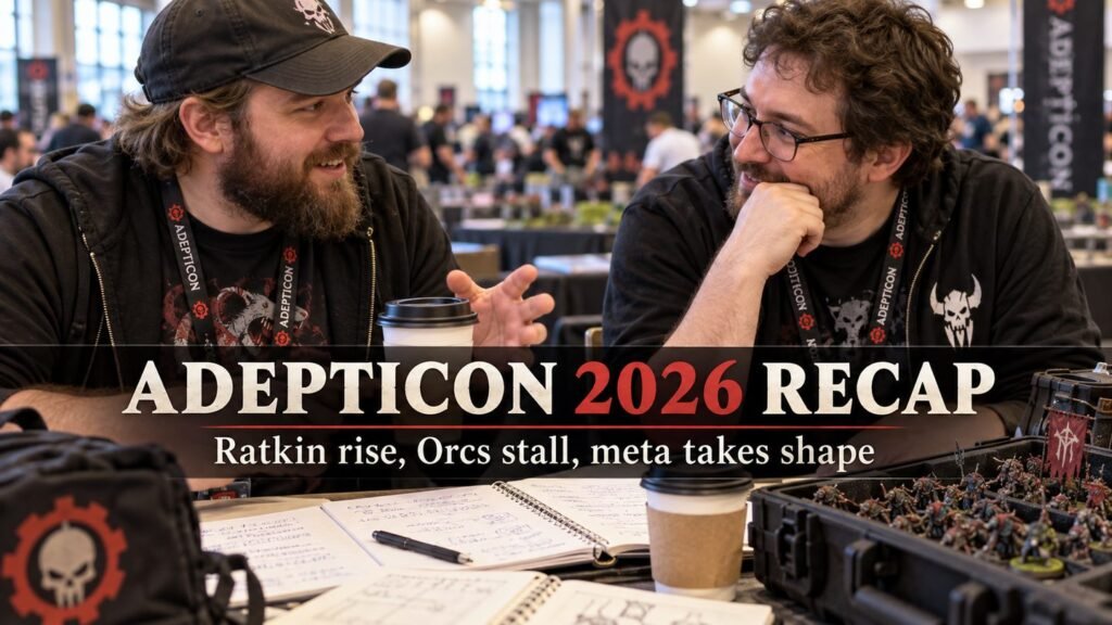 Two Adepticon attendees compare handwritten event notes over coffee after a round.