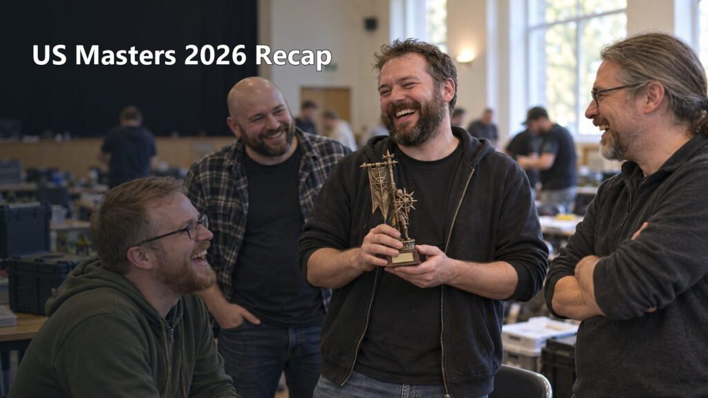 Tournament players celebrate the final round with a small trophy in a community hall.