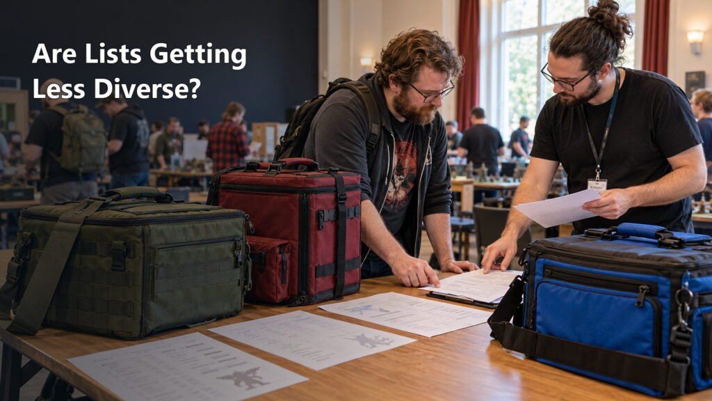 Tournament players compare printed army rosters beside their colored miniature cases at check-in.