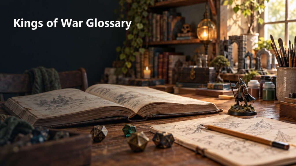An open fantasy rulebook and hobby notes sit beside dice and a painted miniature on a desk.