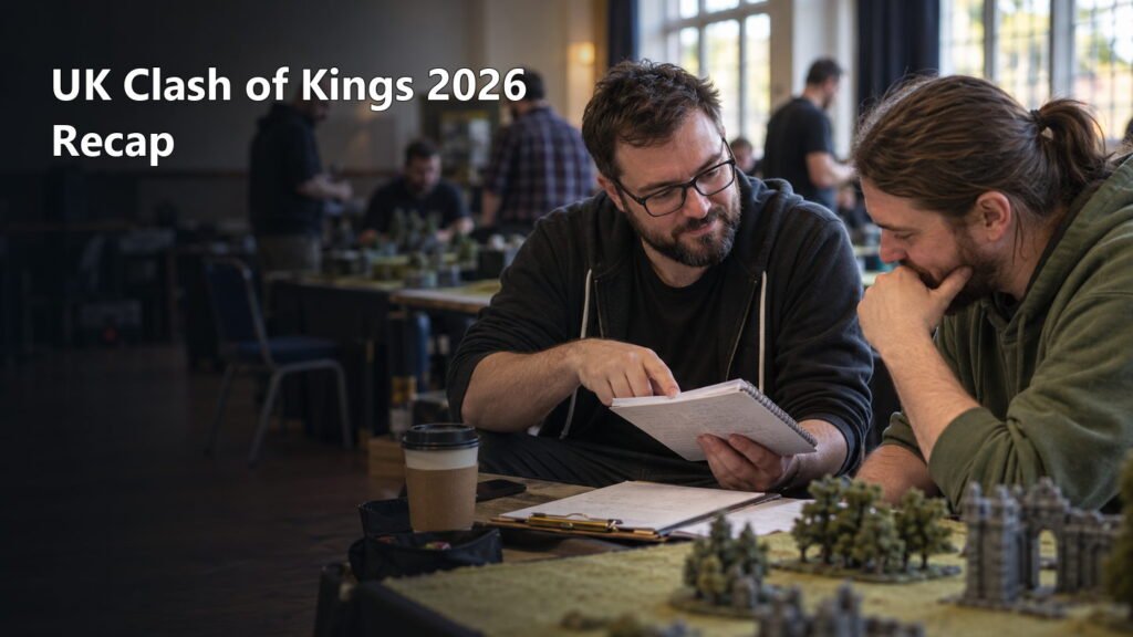 Two Kings of War players compare event notes beside their army cases at a tournament hall.
